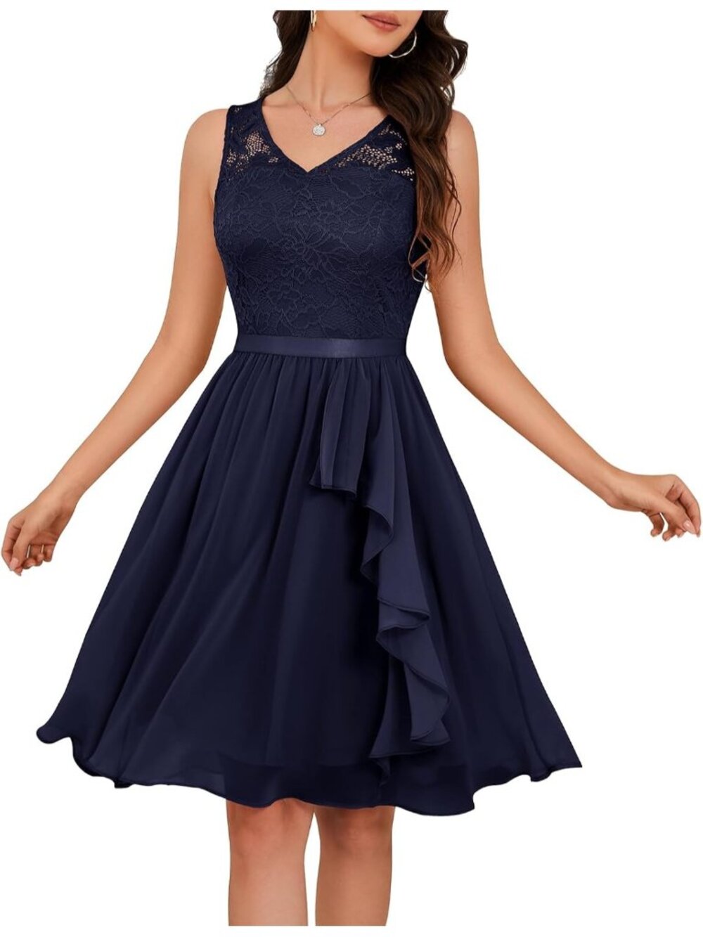 Women's Navy Chiffon V Neck Sleeveless A LINE Lace Cocktail Bodycon Maxi Dress